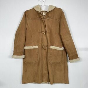 Talbots Coat Womens Small Petite Brown Faux Shearling Hooded Toggle Penny Lane